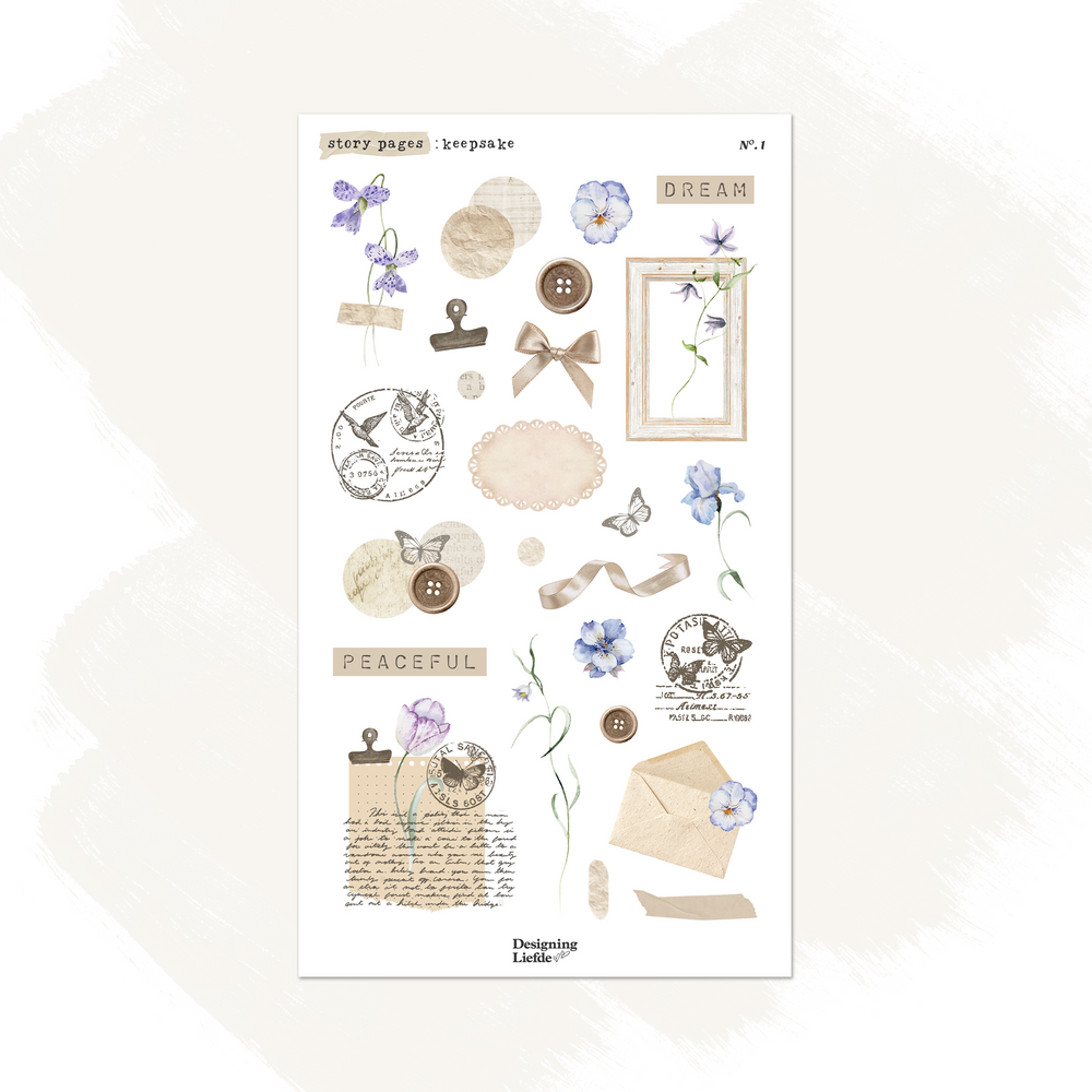 Keepsakes journaling sticker kit with blue flowers, butterflies, ribbons, buttons and vintage postal ephemera