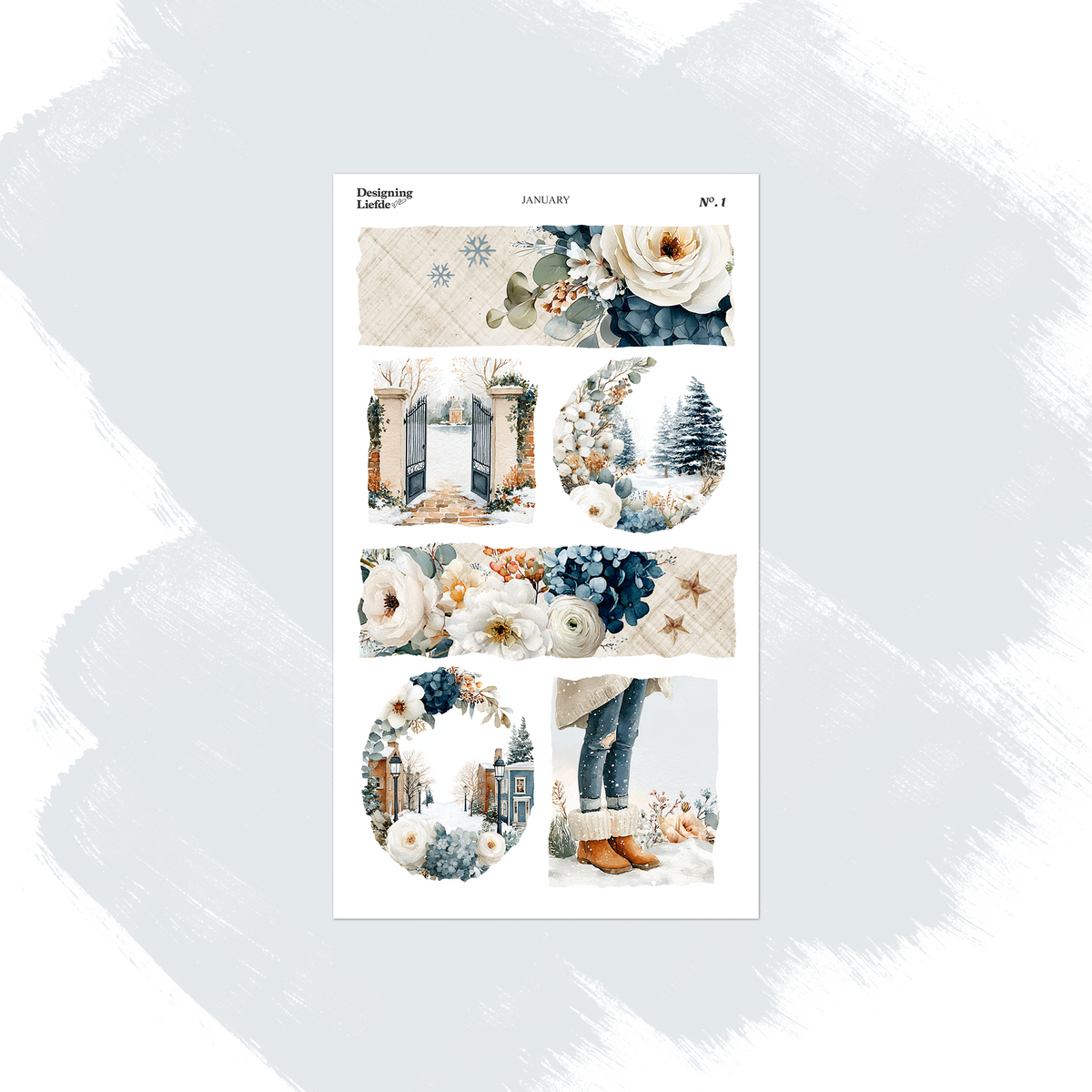 January scenes sticker sheet with snowy windows, white roses, winter trees and cozy outdoor vignettes