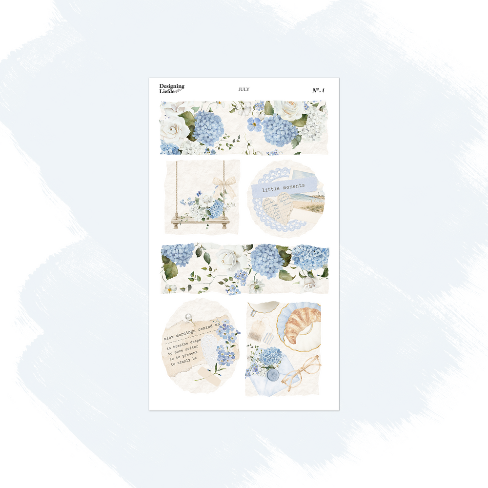July scenes sticker sheet with blue hydrangeas, books, swing, woven bag and slow-morning vignettes