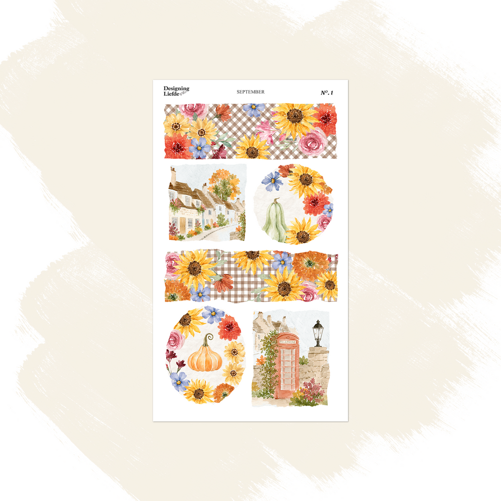 September scenes sticker sheet with wildflowers, pumpkins, village views and an umbrella vignette