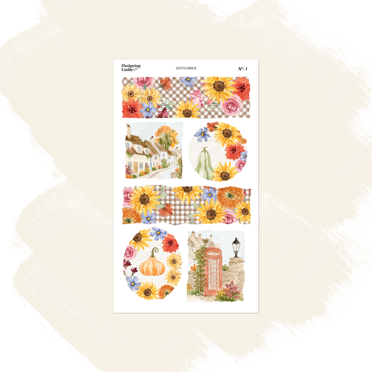 September scenes sticker sheet with wildflowers, pumpkins, village views and an umbrella vignette