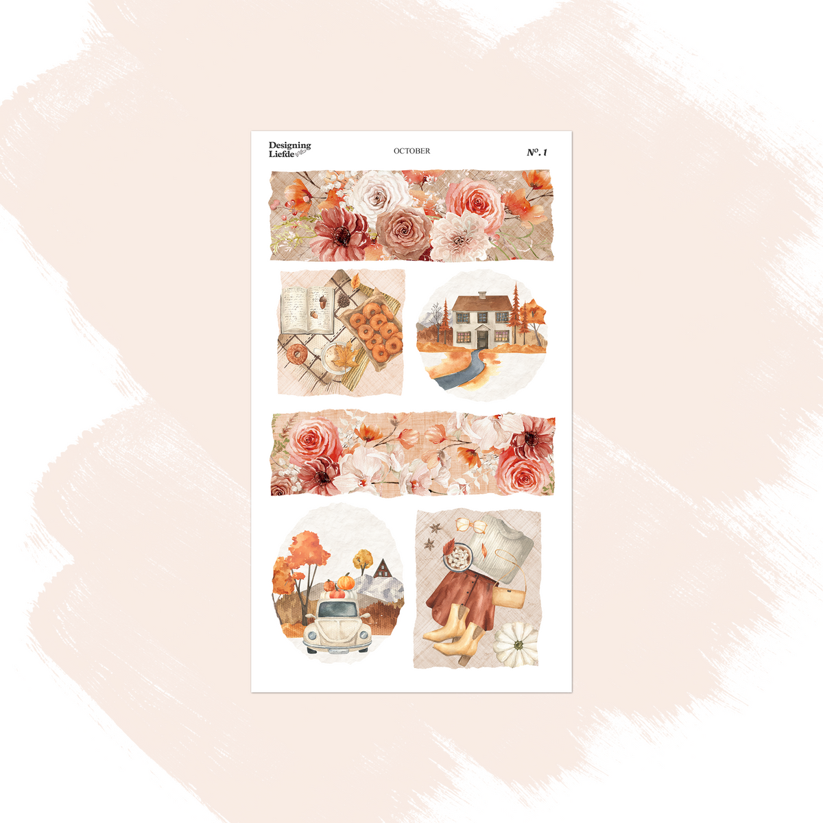 October scenes sticker sheet with autumn roses, pumpkins, cottage views and cozy seasonal vignettes