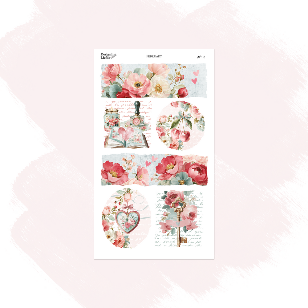 February scenes sticker sheet with roses, love letters, heart vignettes and a romantic writing desk