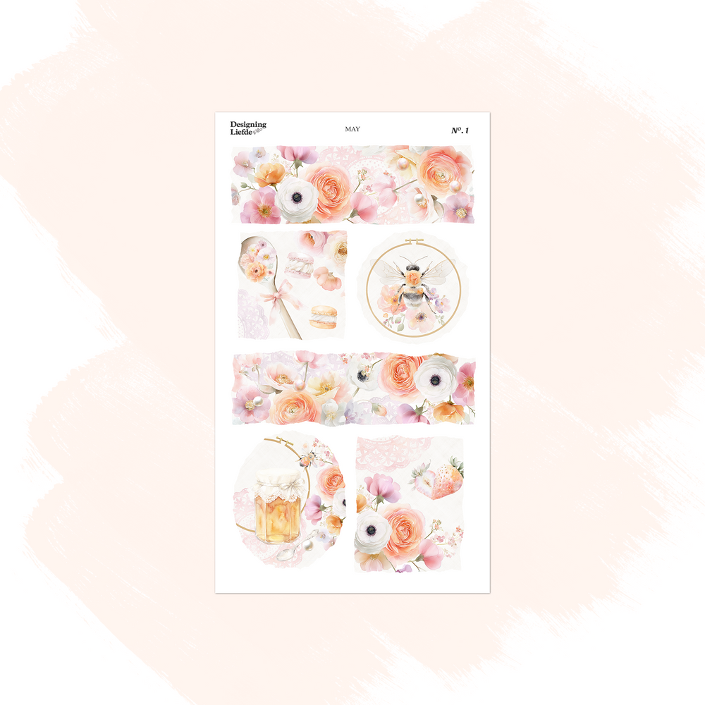 May scenes sticker sheet with blush florals, bees, honey, garden treats and soft spring vignettes