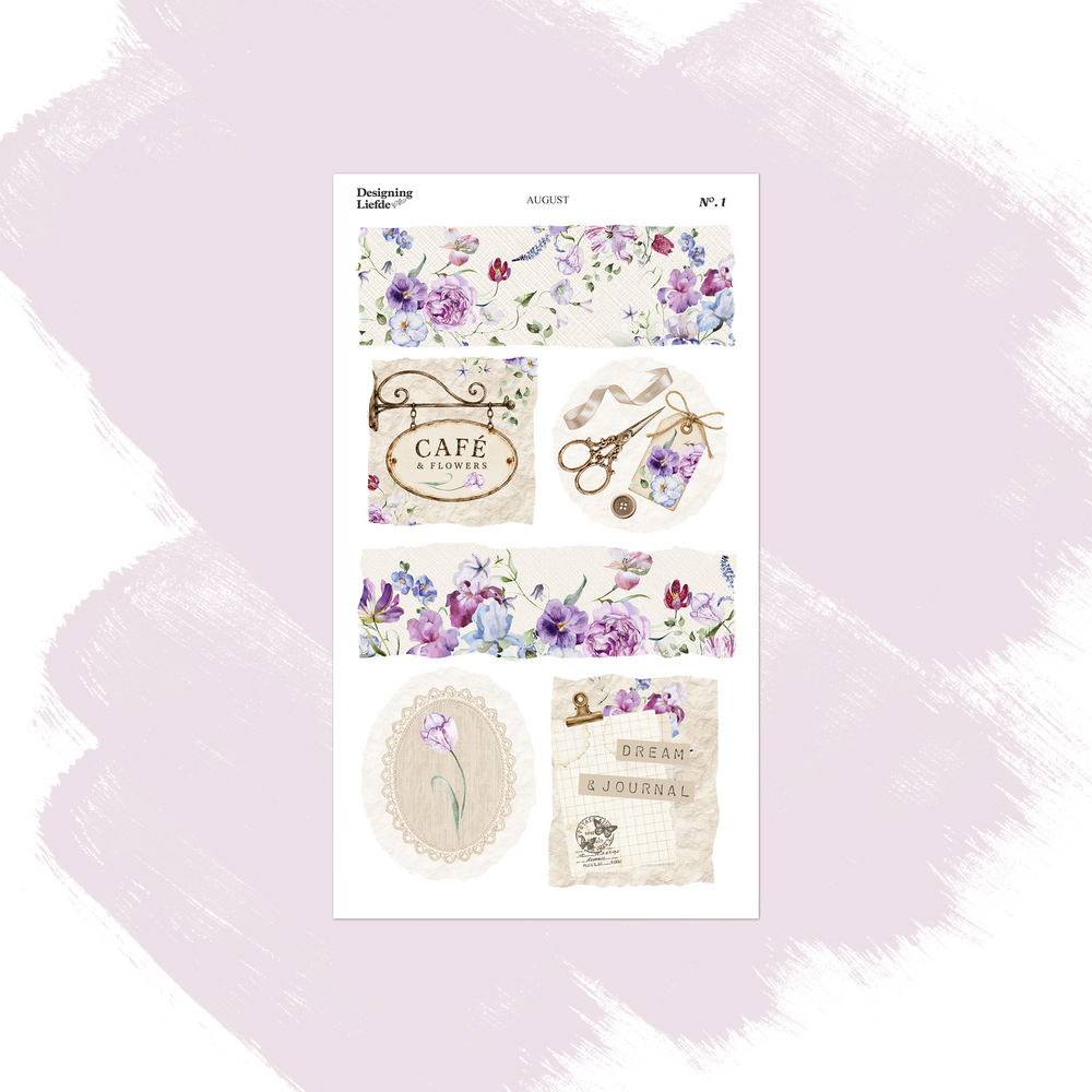 August scenes sticker sheet with purple florals, café sign, scissors and vintage journal vignettes