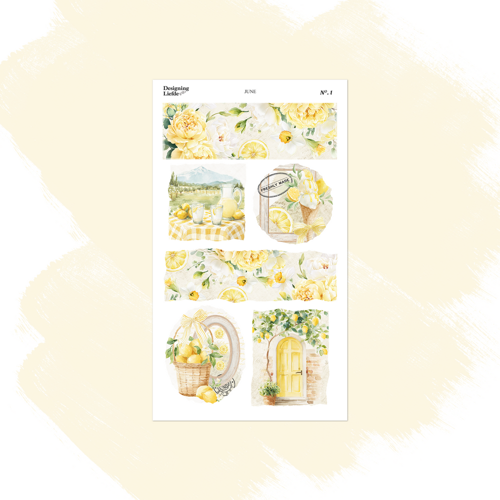 June scenes sticker sheet with lemons, yellow roses, picnic vignettes and a sunny garden doorway