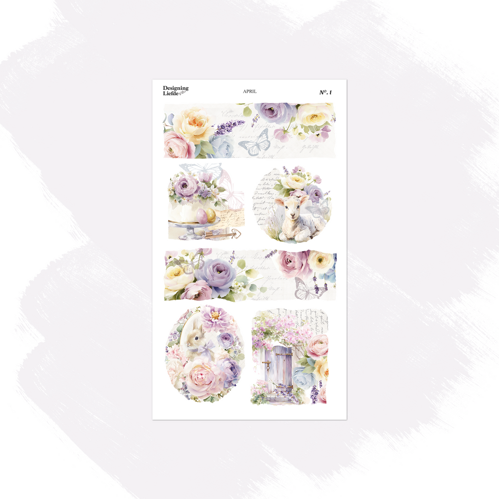 April sticker sheet with pastel floral scenes, rabbits, teacups and a flower-covered garden door