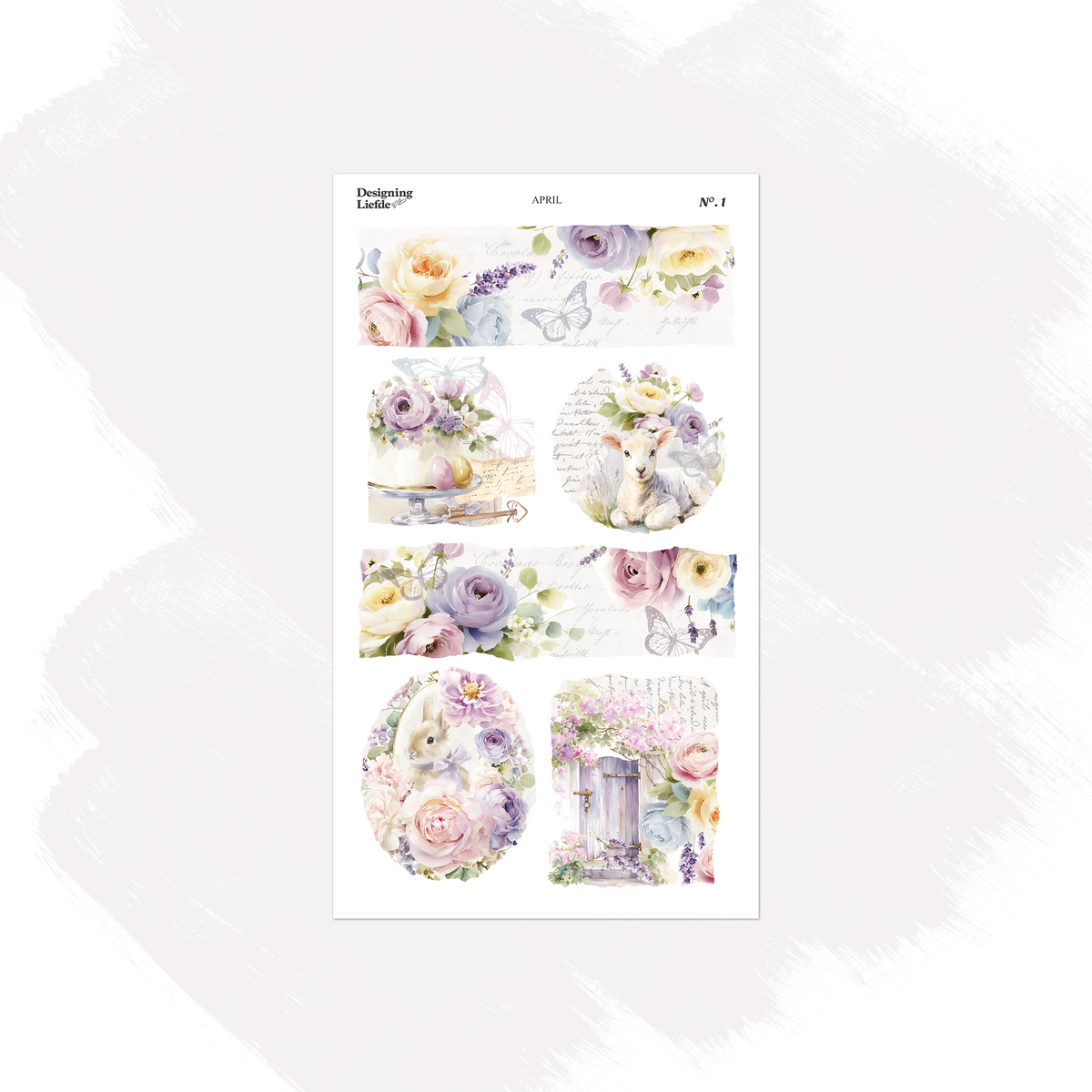 April sticker sheet with pastel floral scenes, rabbits, teacups and a flower-covered garden door
