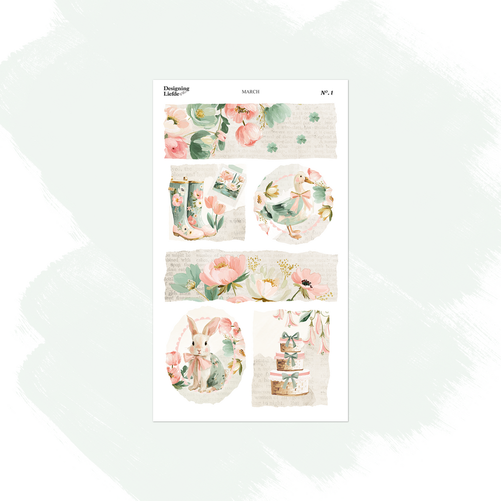 March scenes sticker sheet with spring florals, garden vignettes, birds and a rabbit