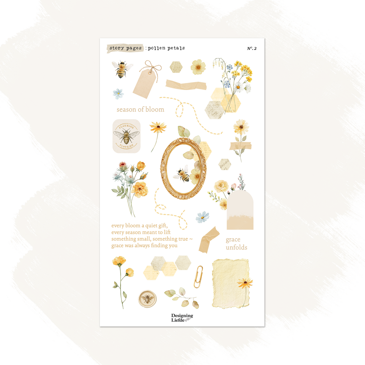 Pollen Petals journaling sticker kit with bees, honeycomb shapes and yellow and blue wildflowers