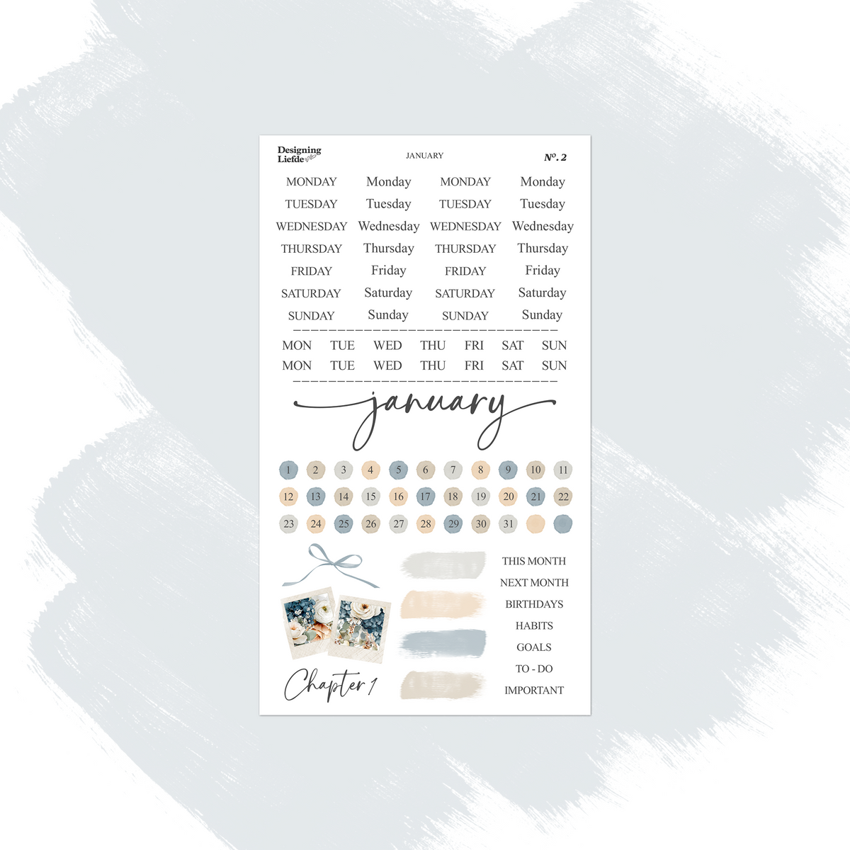 January functional sticker sheet with weekday labels, date dots, trackers and blue neutral swatches