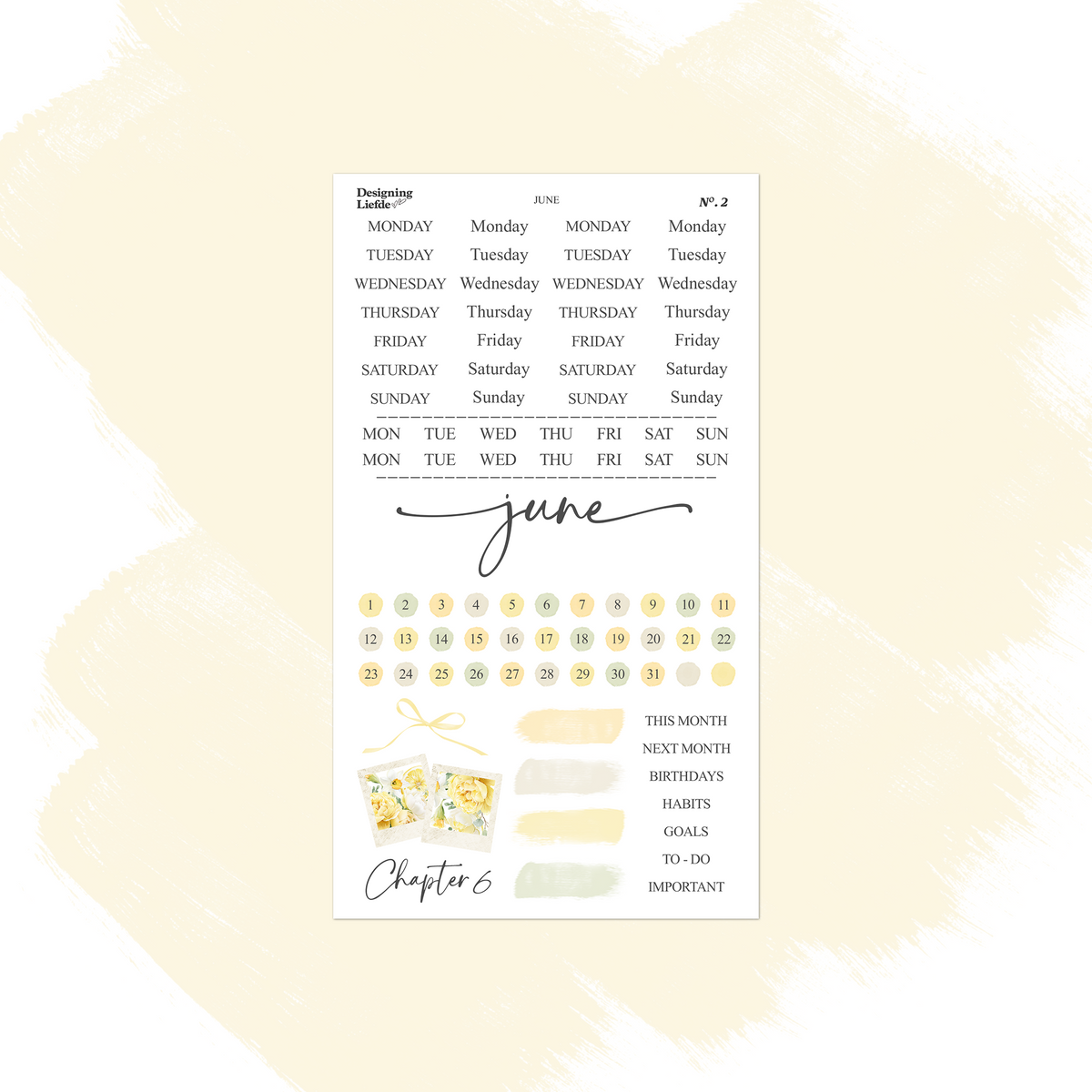 June functional sticker sheet with weekday labels, date dots, trackers and yellow pastel swatches