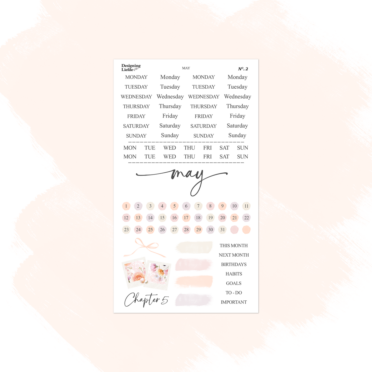 May functional sticker sheet with weekday labels, date dots, trackers and peach pastel swatches