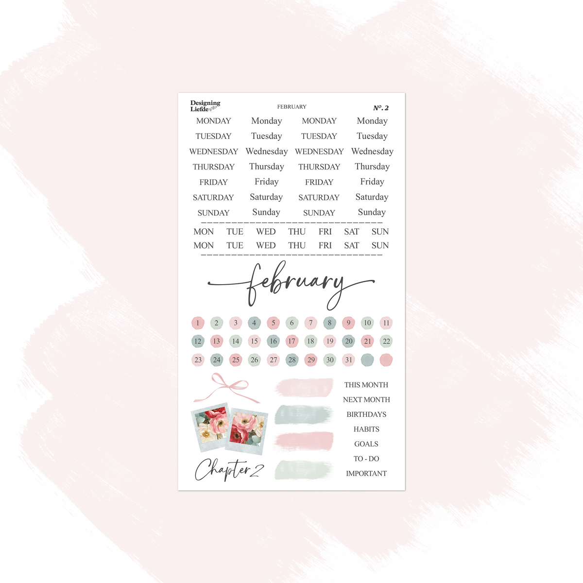 February functional sticker sheet with weekday labels, date dots, trackers and pink pastel swatches