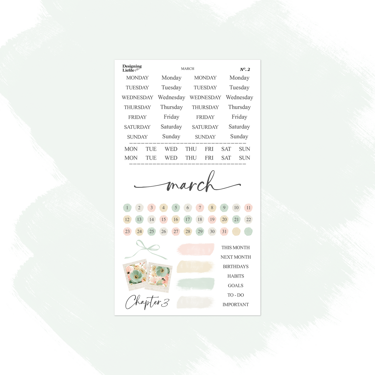 March functional sticker sheet with weekday labels, date dots, trackers and mint pastel swatches