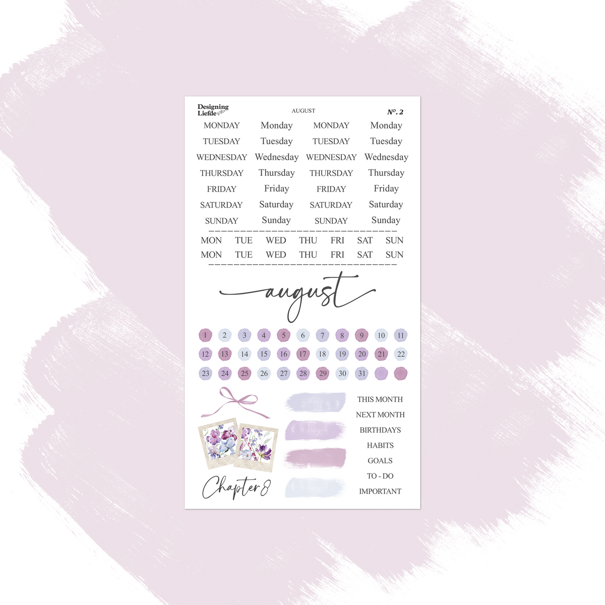 August functional sticker sheet with weekday labels, date dots, trackers and purple pastel swatches
