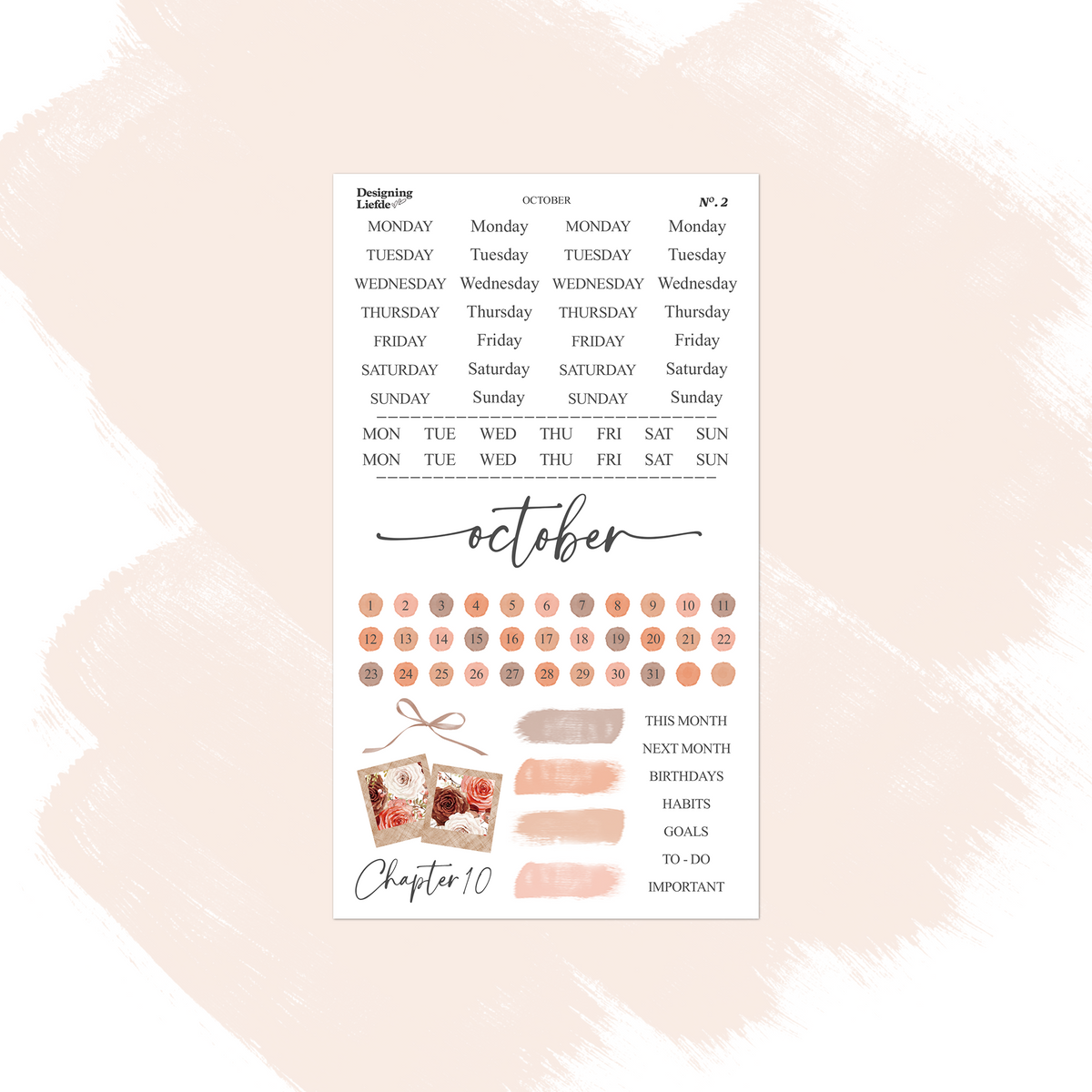 October functional sticker sheet with weekday labels, date dots, trackers and warm autumn swatches