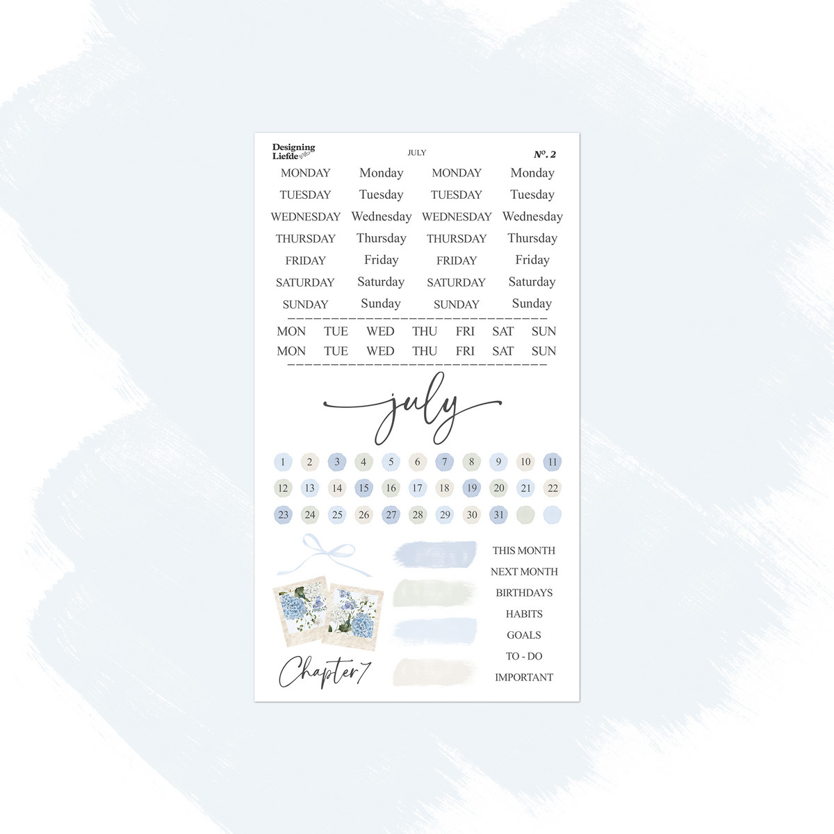 July functional sticker sheet with weekday labels, date dots, trackers and powder-blue swatches