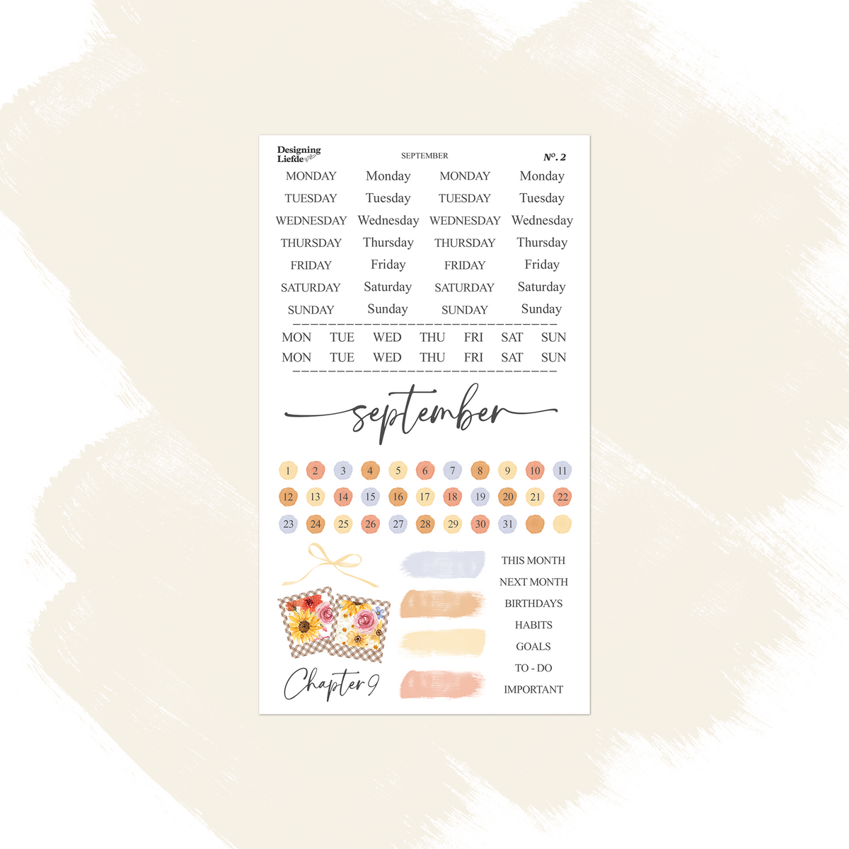 September functional sticker sheet with weekday labels, date dots, trackers and autumn color swatches