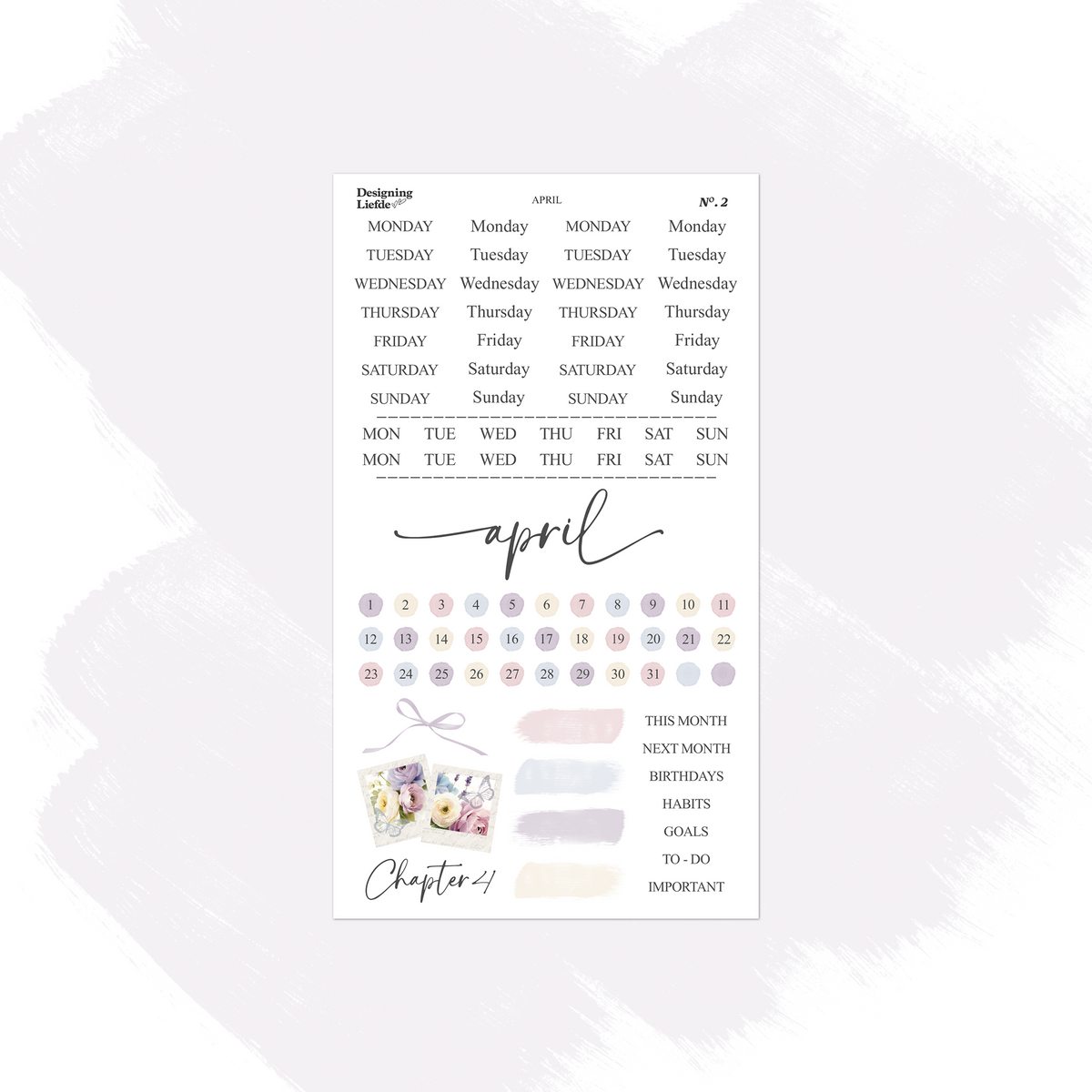 April functional sticker sheet with weekday labels, date dots, trackers and pastel brush-stroke swatches
