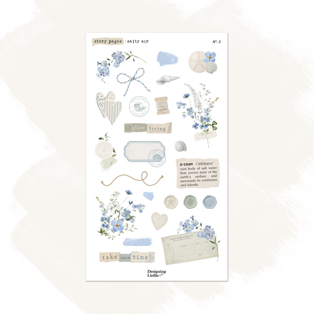 Salty Air journaling sticker kit with seashells, blue flowers, rope, ocean labels and wax seals