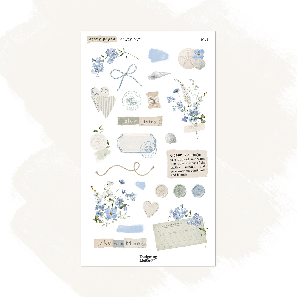 Salty Air journaling sticker kit with seashells, blue flowers, rope, ocean labels and wax seals