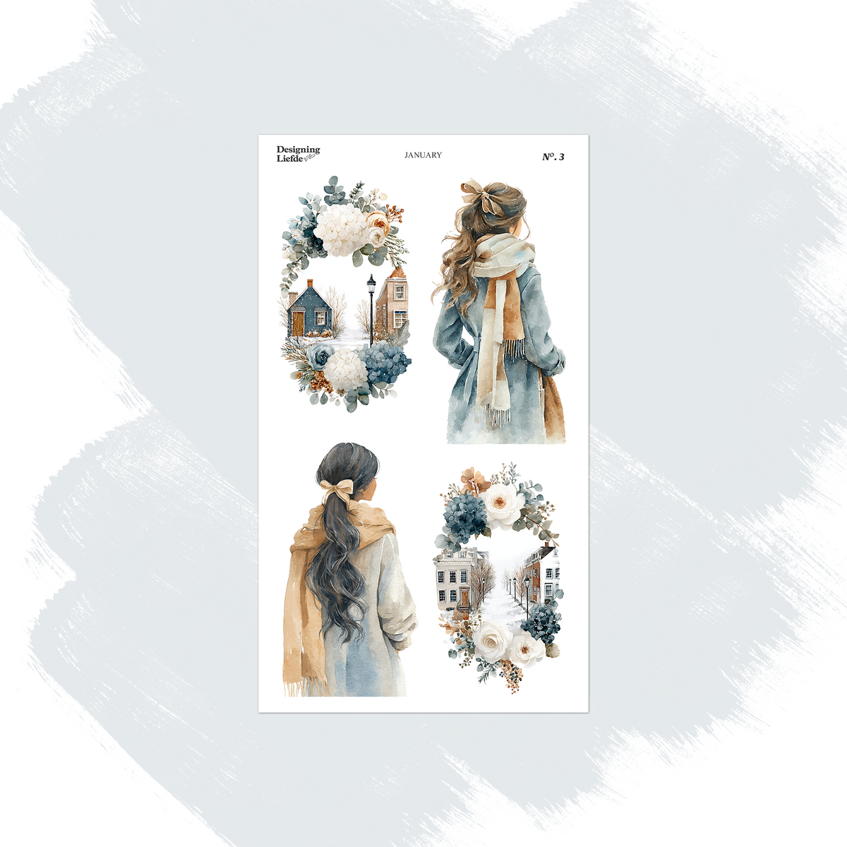 January decorative sticker sheet with women in winter clothing, cottages and snowy floral scenes