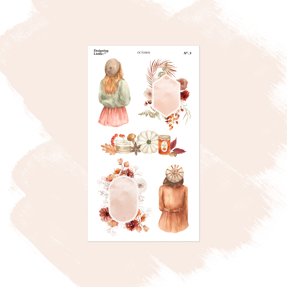 October decorative sticker sheet with cozy women, floral frames, pumpkins, leaves and mushrooms