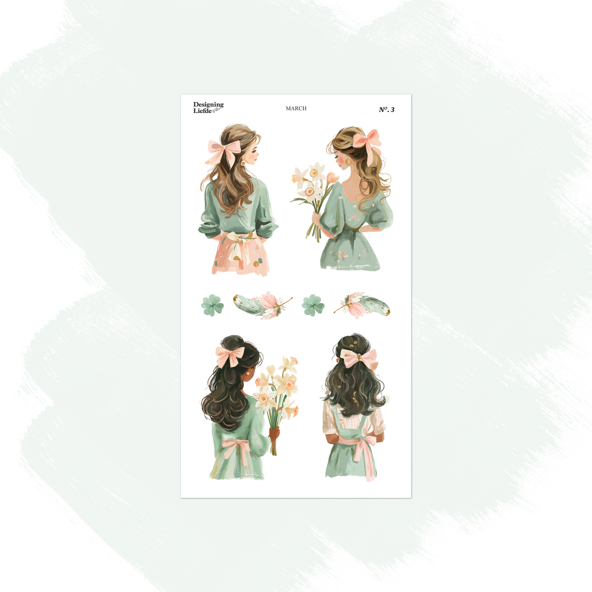 March decorative sticker sheet with women holding spring bouquets, bows and small floral accents