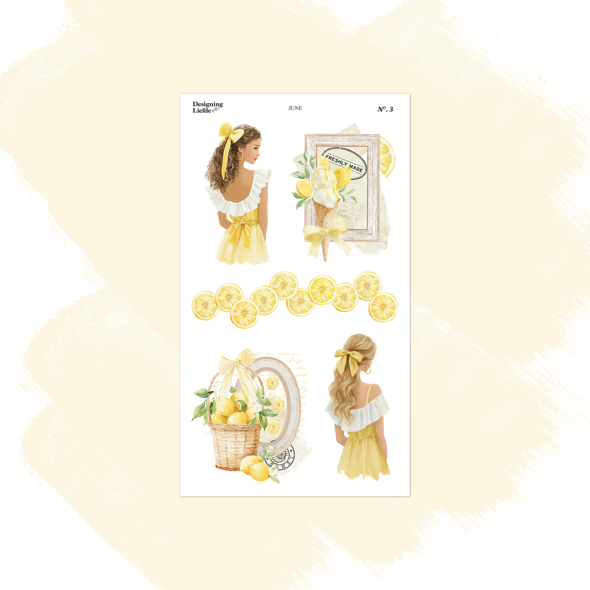 June decorative sticker sheet with summer women, lemons, yellow flowers and a picnic basket