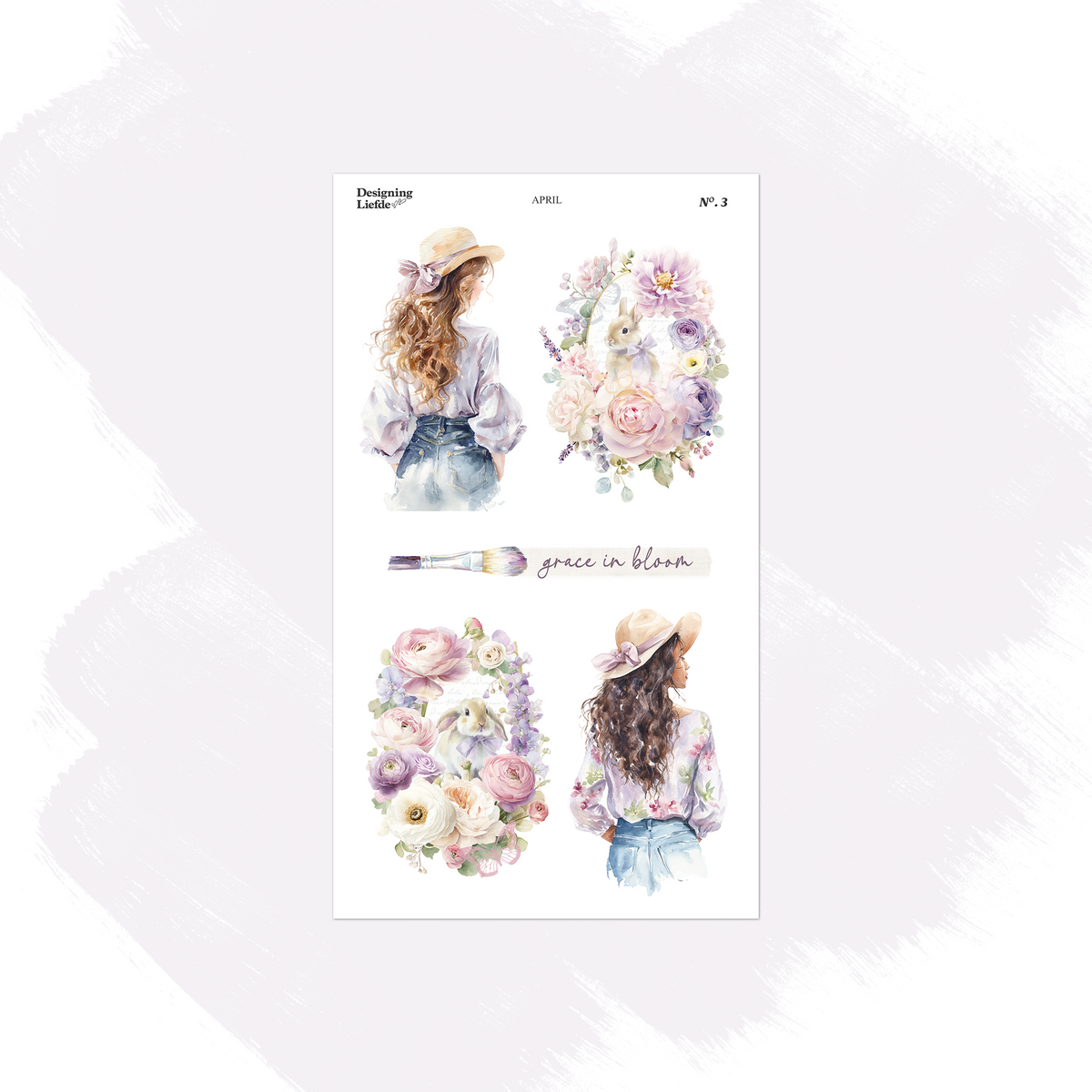 April decorative sticker sheet with spring women, floral bouquets, a rabbit and grace in bloom script