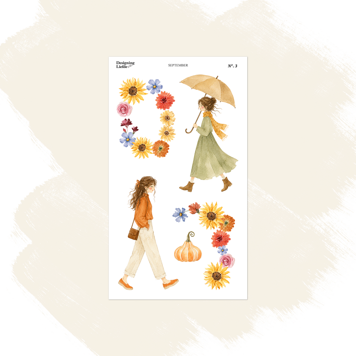 September decorative sticker sheet with umbrella women, wildflowers and a small pumpkin