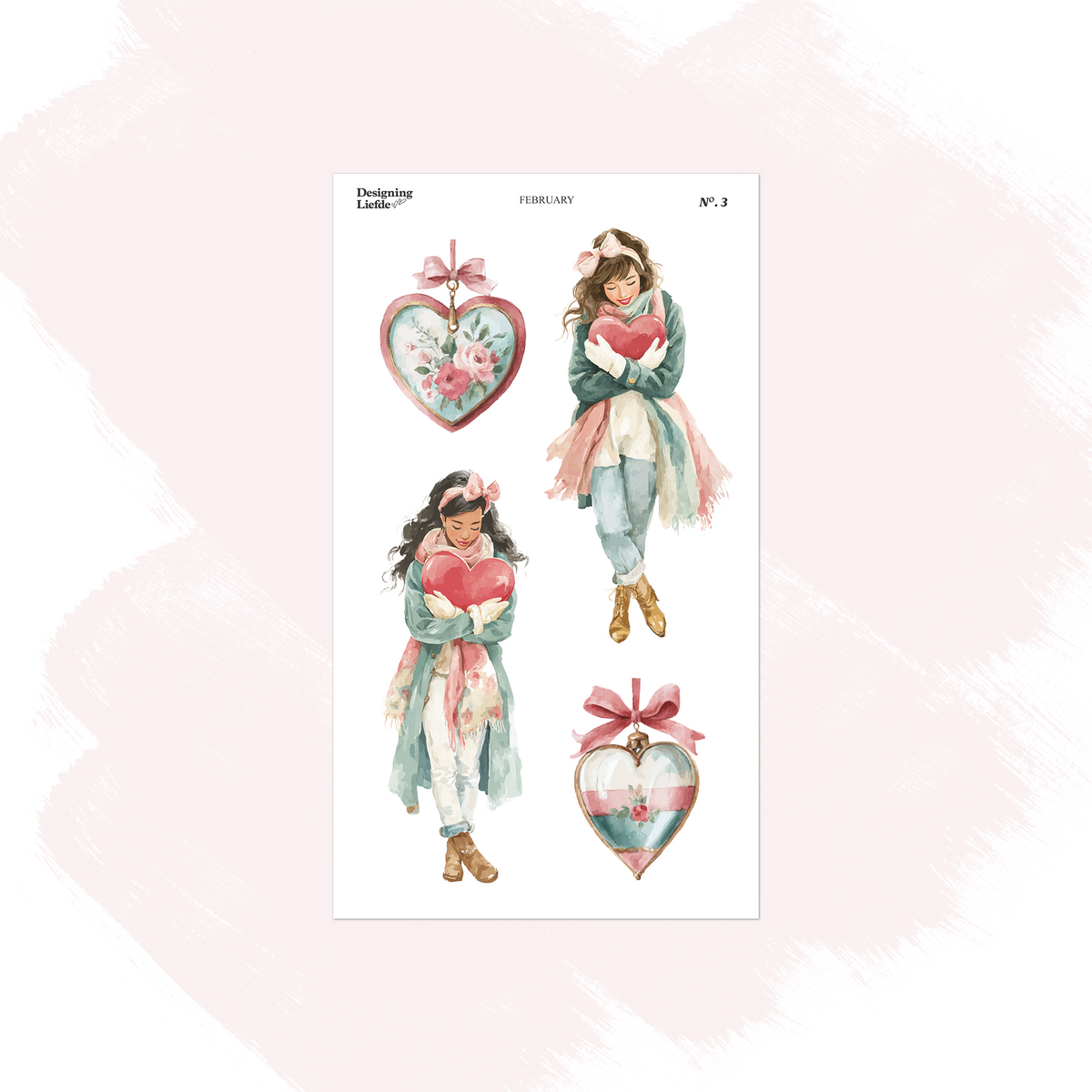 February decorative sticker sheet with women holding hearts and floral heart-shaped perfume bottles