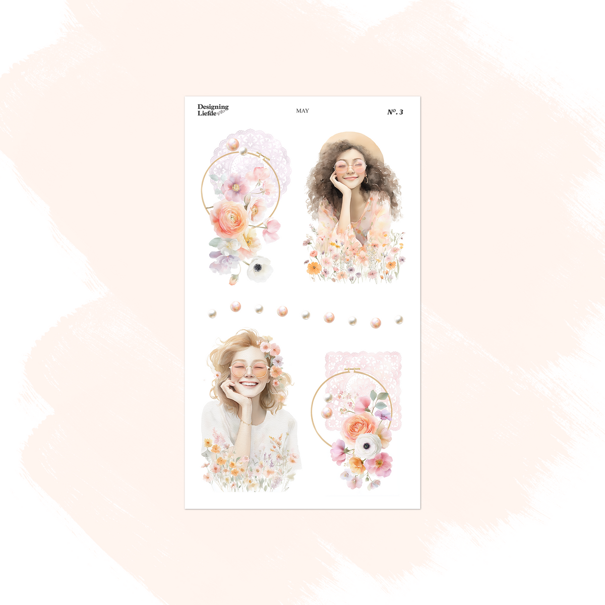 May decorative sticker sheet with flower-framed women, bees and soft peach floral accents