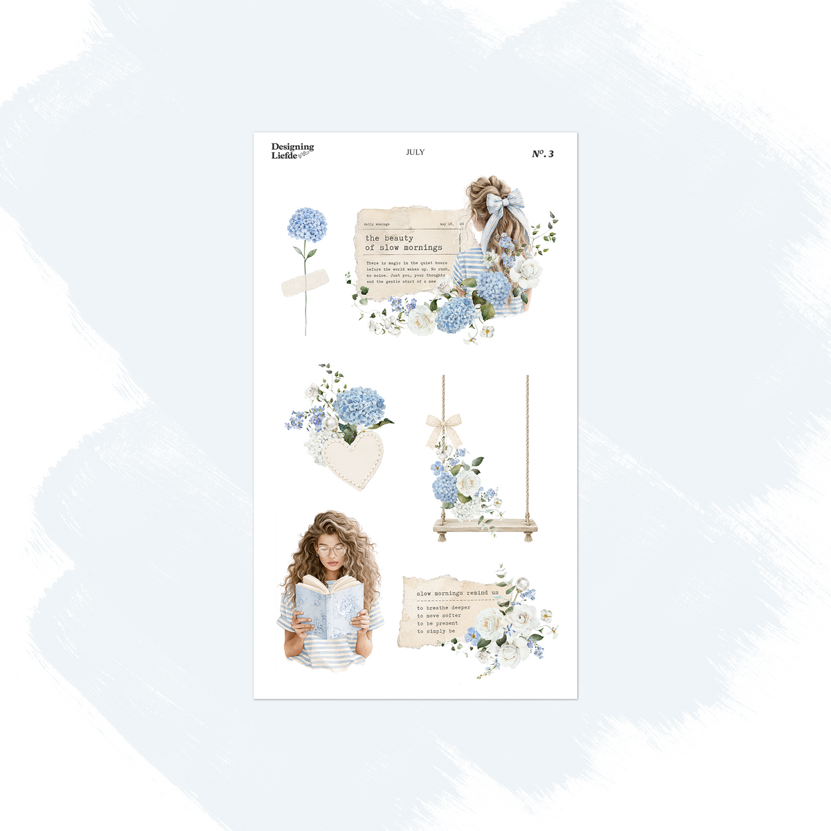 July decorative sticker sheet with reading women, blue hydrangeas, a swing and book-page accents