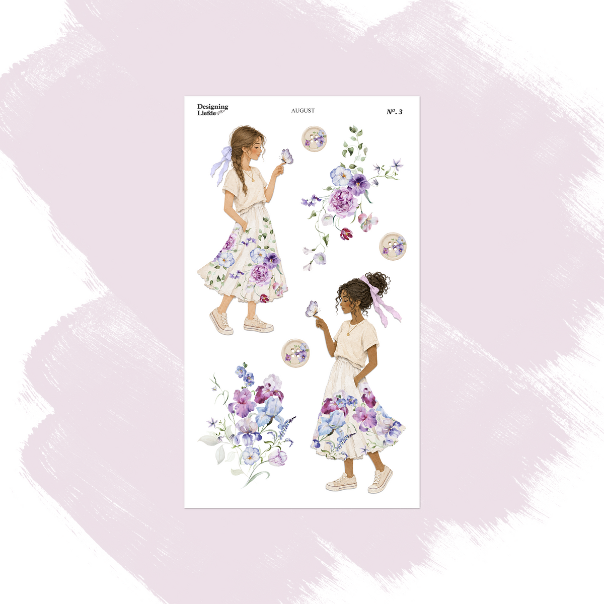 August decorative sticker sheet with women holding drinks, floral skirts and purple flower accents