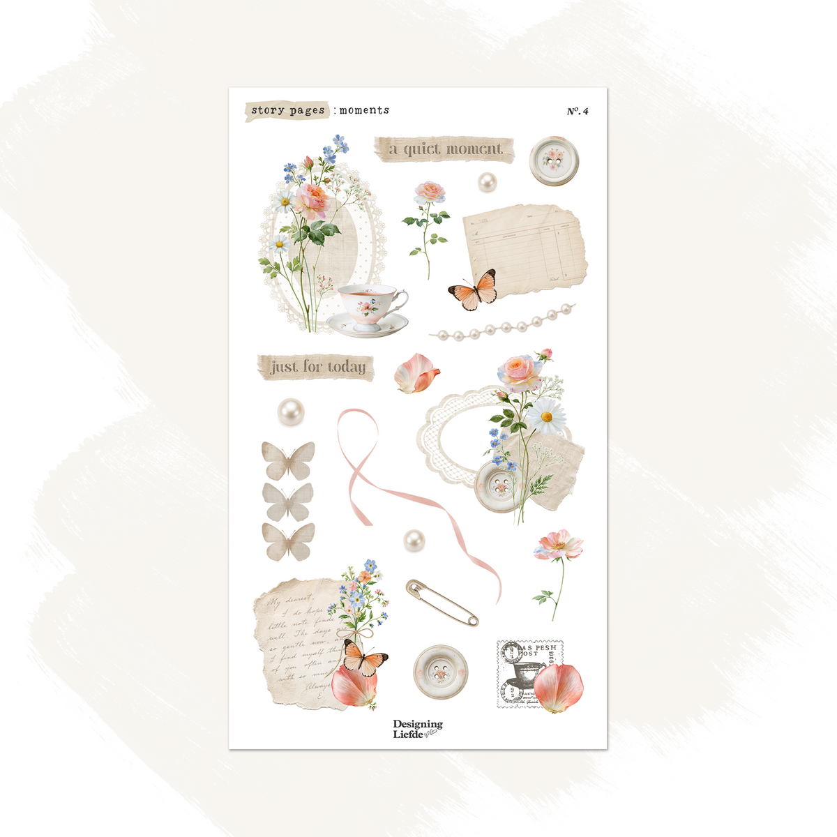Moments journaling sticker kit with roses, daisies, a floral teacup, pearls, ribbons and butterflies