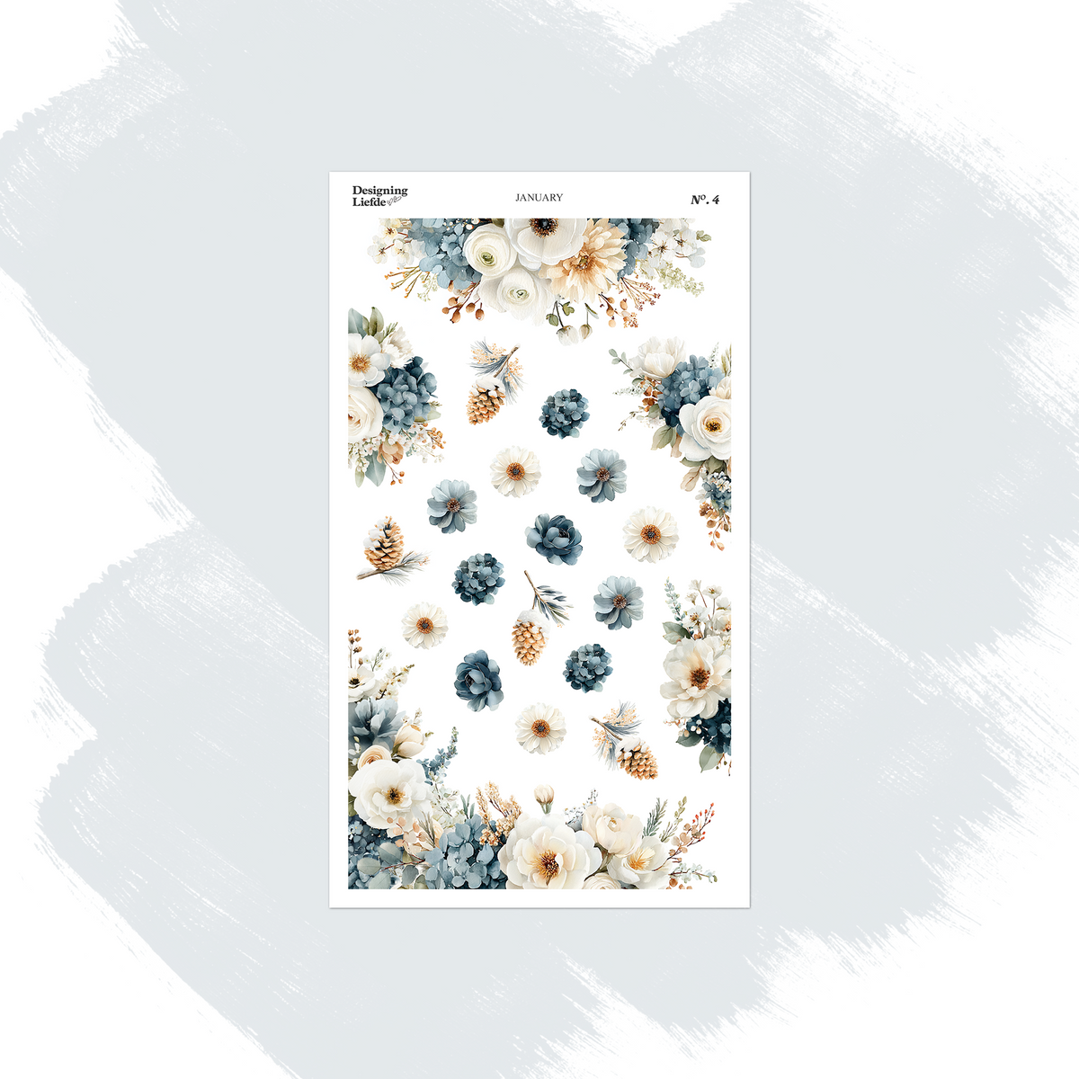 January floral foliage sticker sheet with white and blue flowers, pinecones and winter greenery
