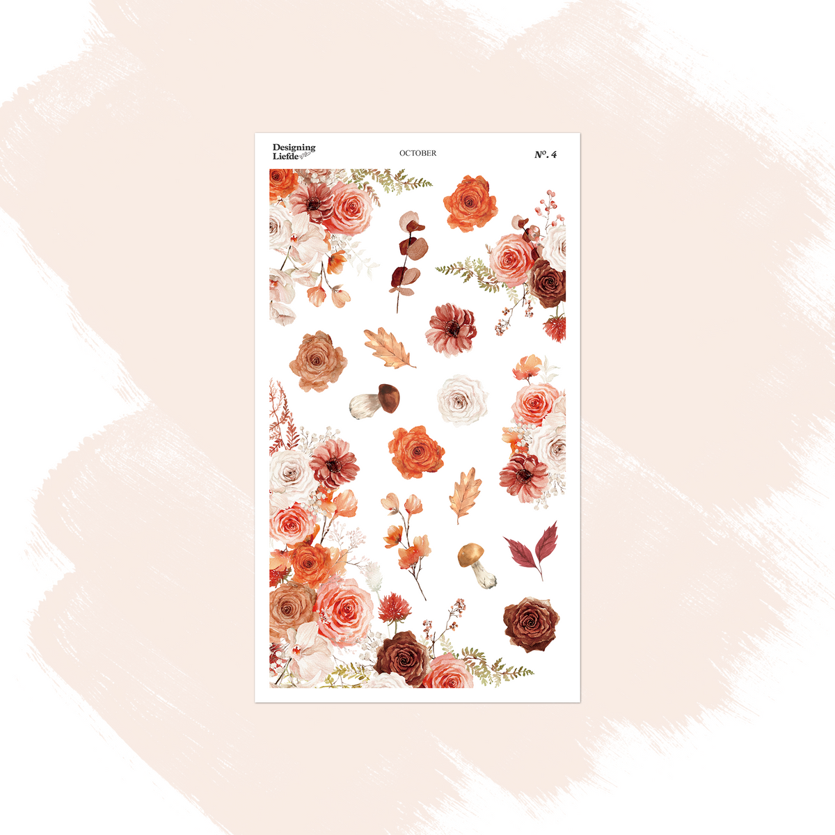 October floral foliage sticker sheet with rust, blush and cream roses, leaves and acorns