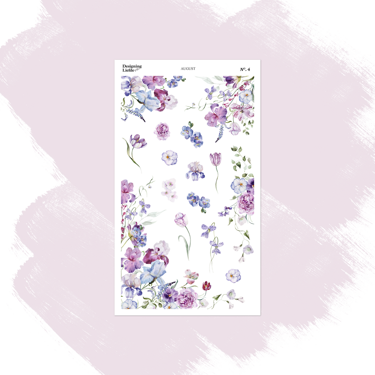 August floral foliage sticker sheet with purple and blue blossoms, butterflies and leafy sprigs