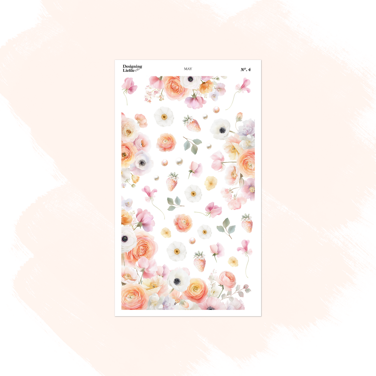 May floral foliage sticker sheet with peach, pink and white blossoms, berries and leafy sprigs