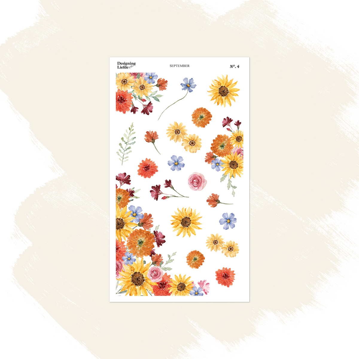 September floral foliage sticker sheet with orange, yellow, pink and blue autumn flowers