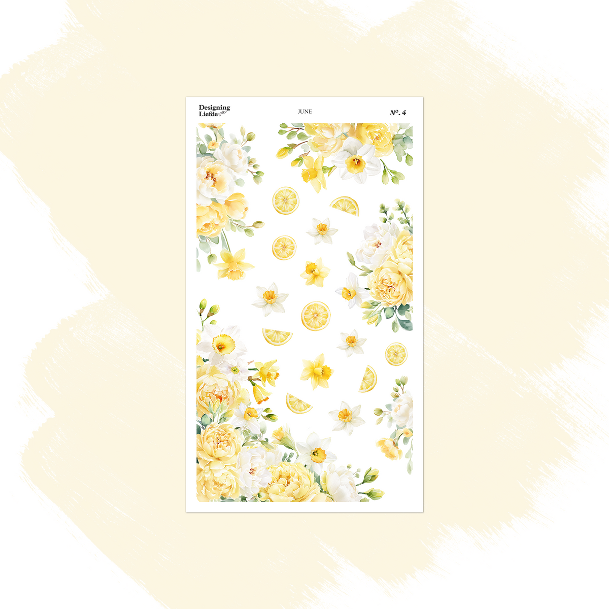 June floral foliage sticker sheet with yellow roses, lemon slices, blossoms and green leaves