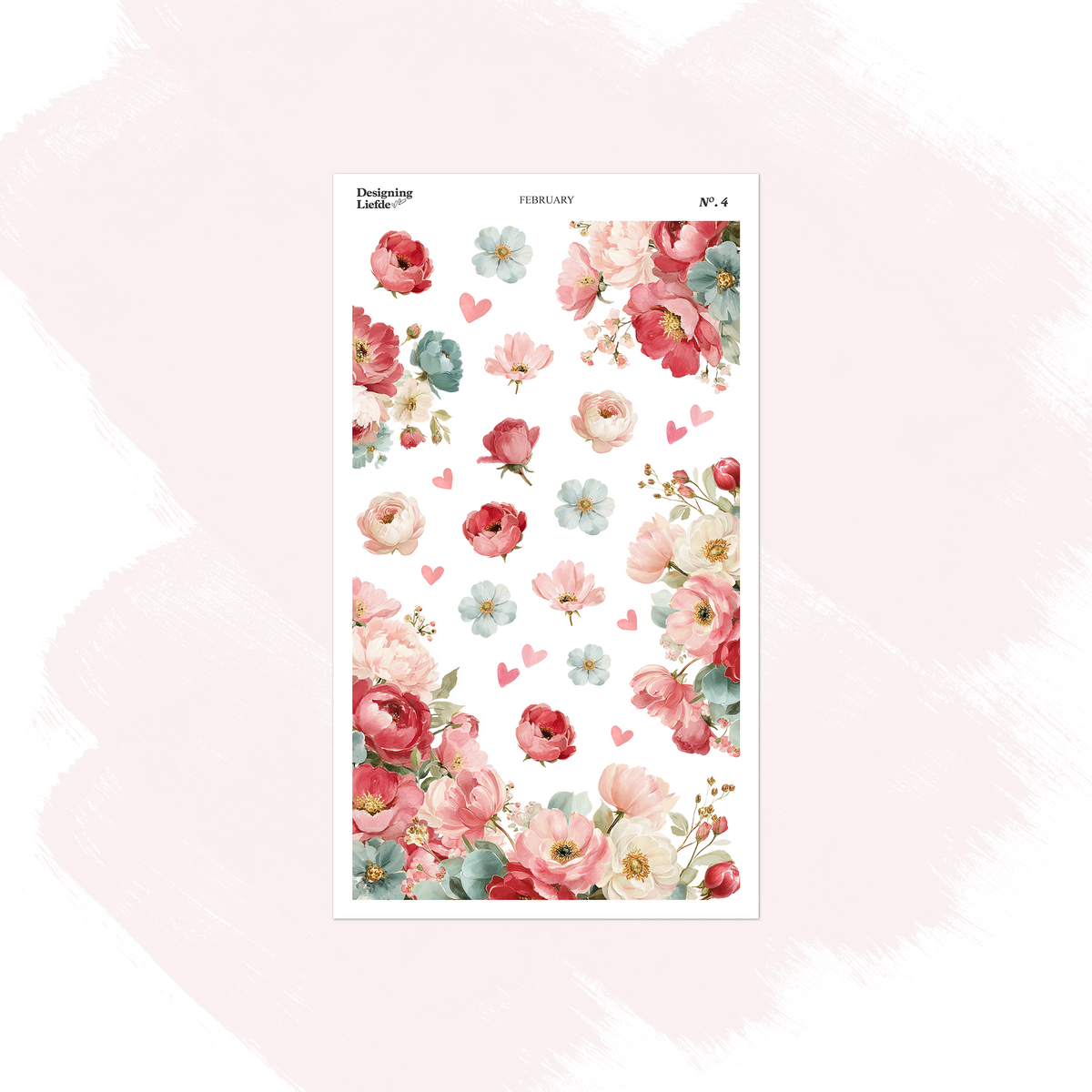 February floral foliage sticker sheet with pink and red roses, blossoms and scattered hearts
