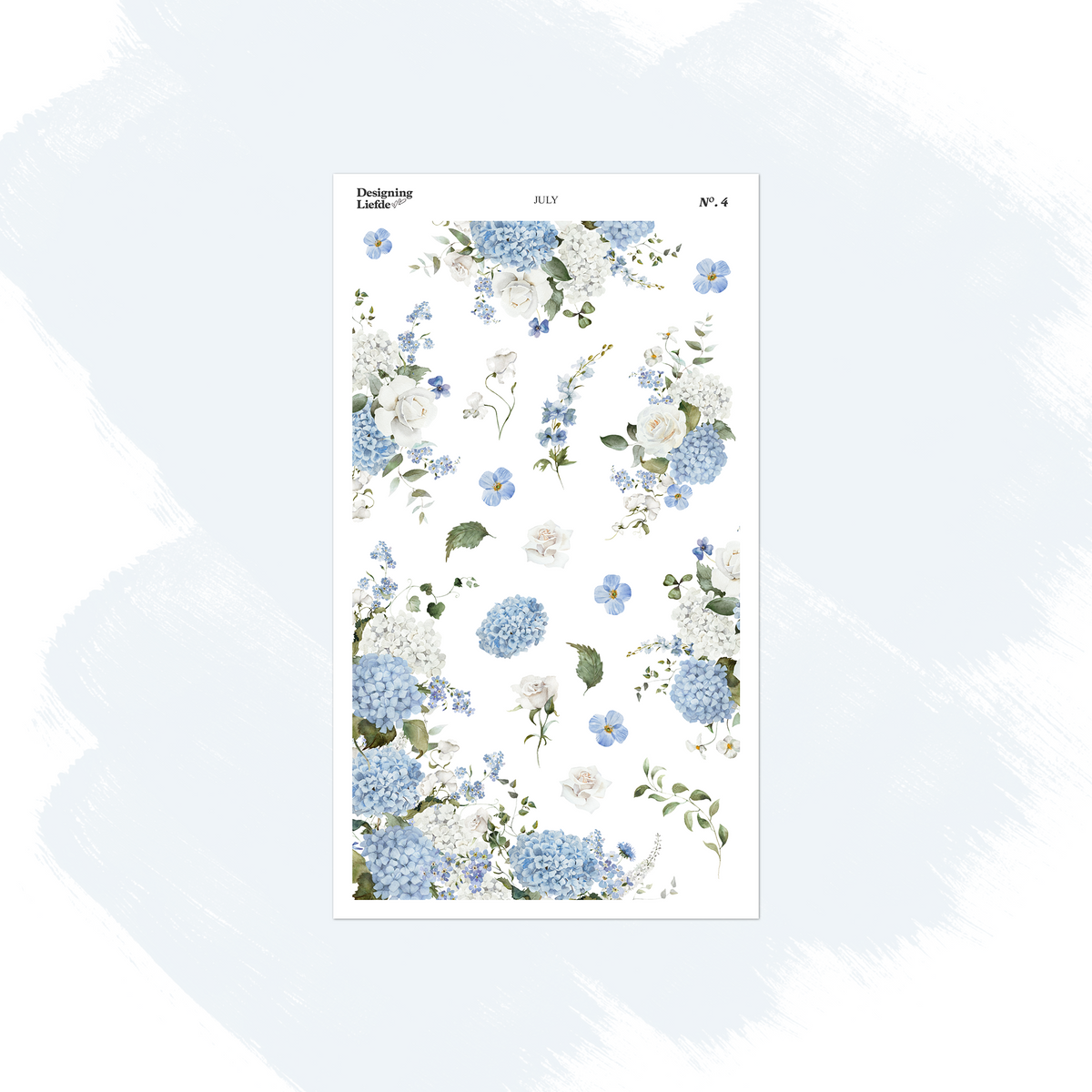 July floral foliage sticker sheet with blue and white hydrangeas, blossoms and green leaves