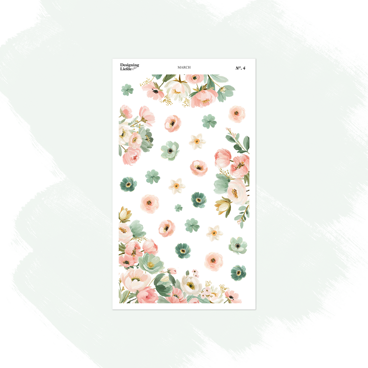 March floral foliage sticker sheet with peach and pink blossoms, green flowers and leafy sprigs