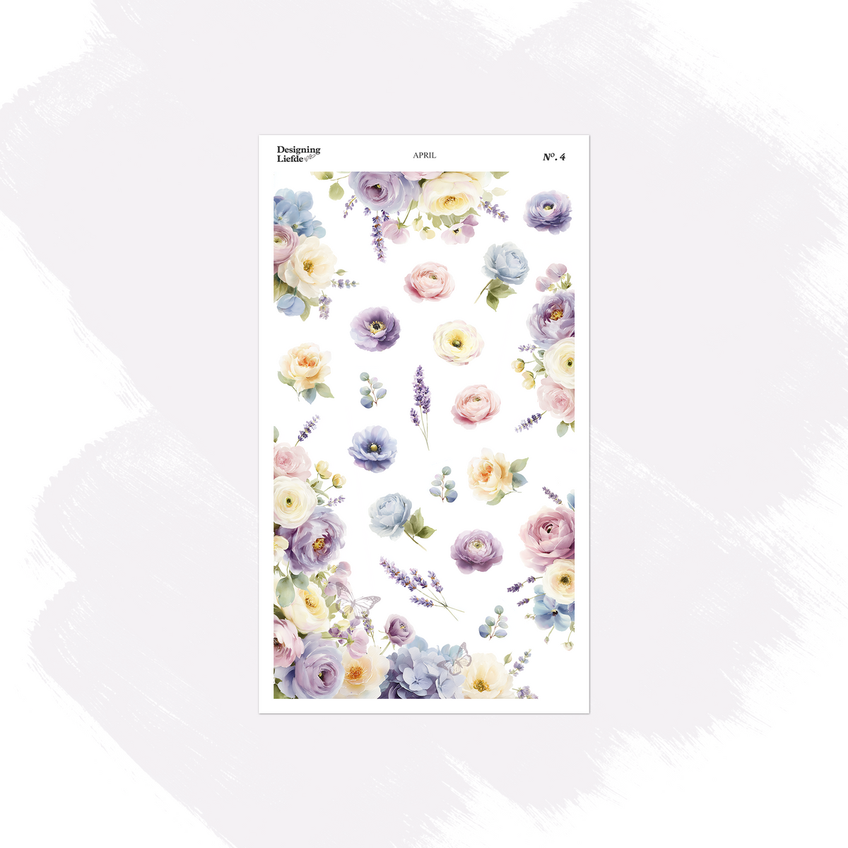 April floral foliage sticker sheet with pastel roses, lavender, blossoms and butterflies