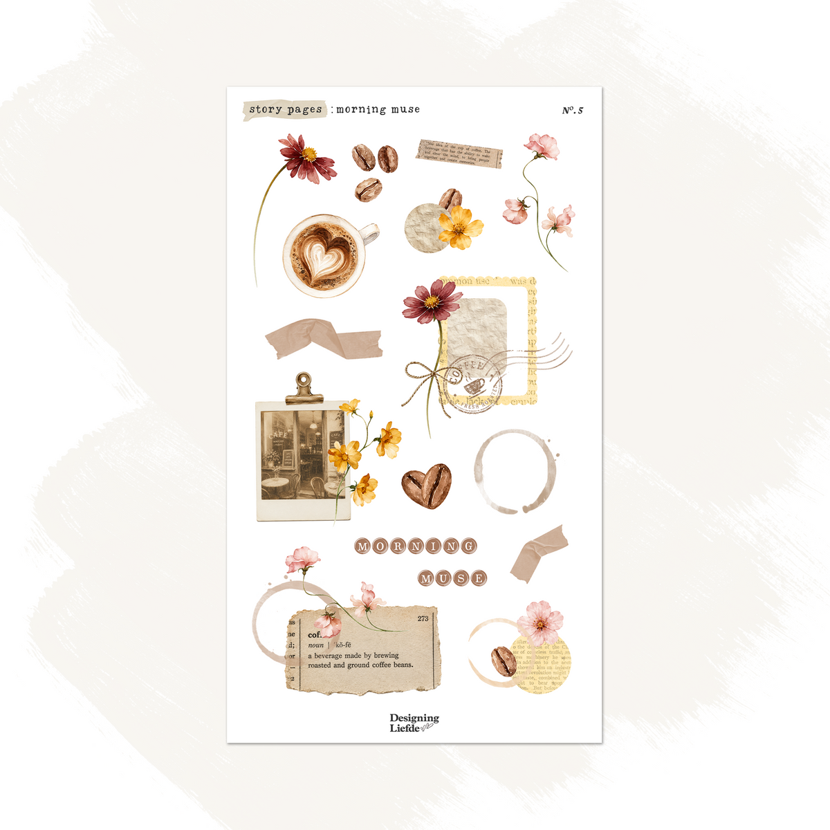Morning Muse journaling sticker kit with coffee, café ephemera, coffee rings and warm-toned flowers