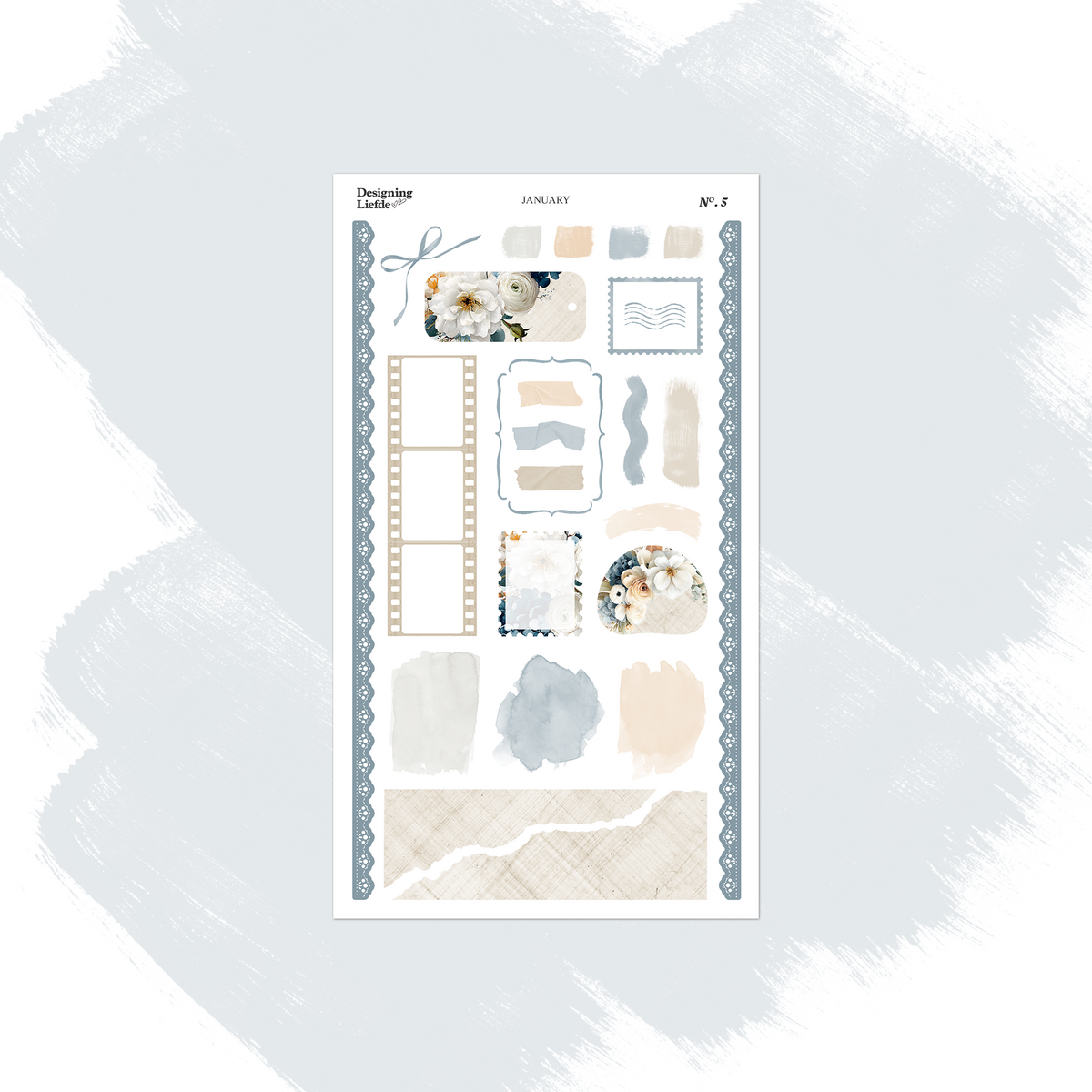 January layering sticker sheet with frames, labels, torn paper, florals and blue side borders