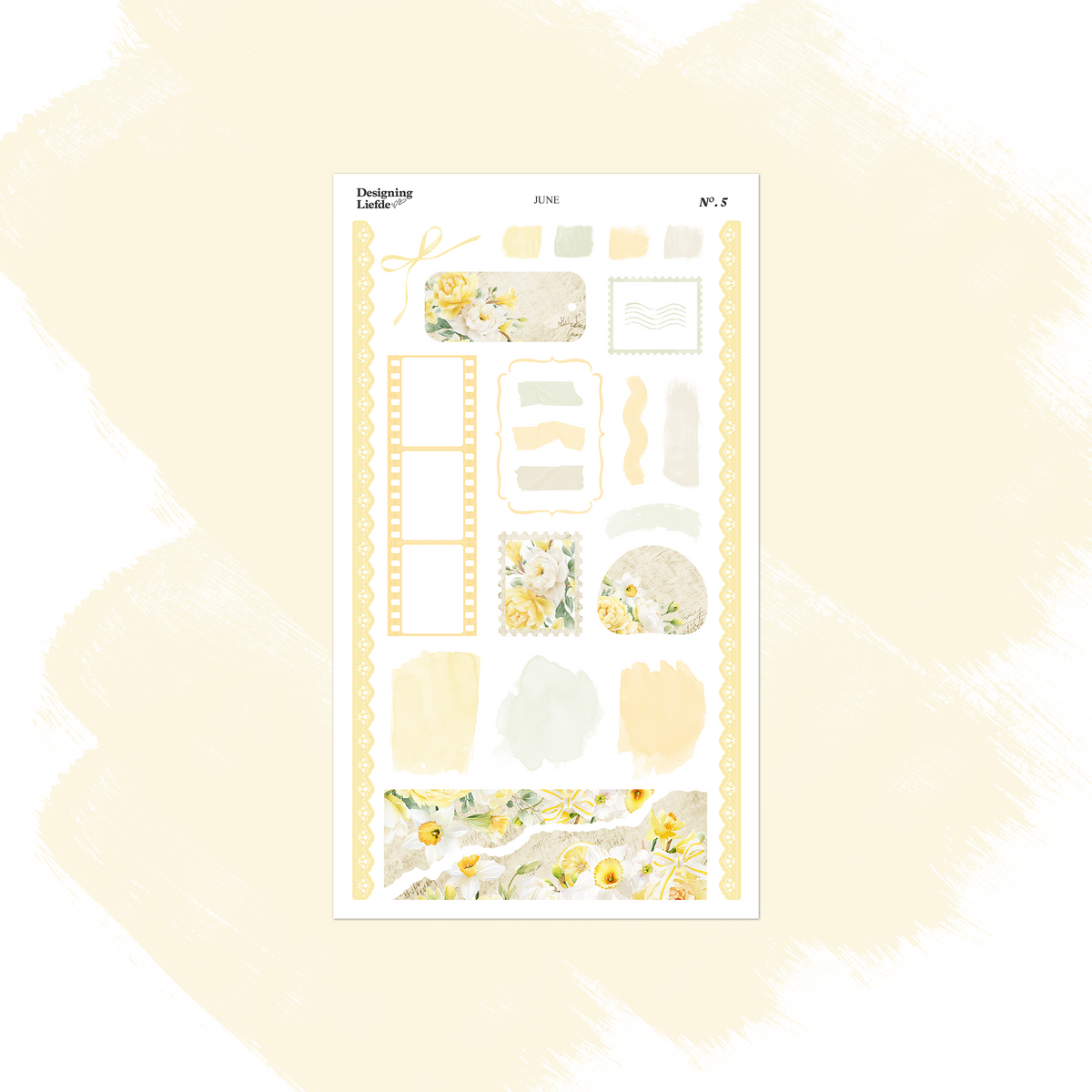 June layering sticker sheet with frames, labels, torn paper, lemon florals and yellow side borders